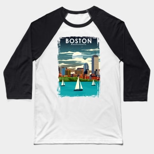 Boston at Night City Skyline Travel Poster Baseball T-Shirt